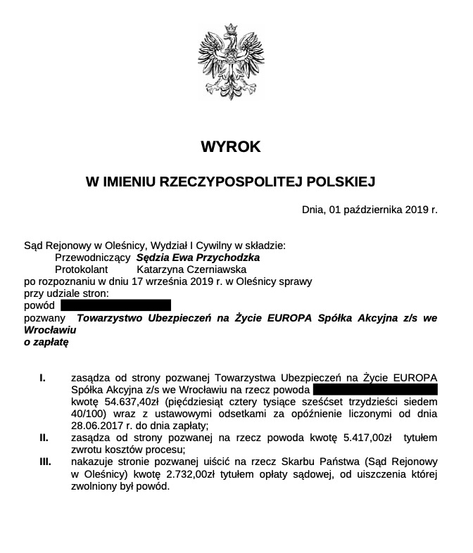 opłata likwidacyjna wyrok europa