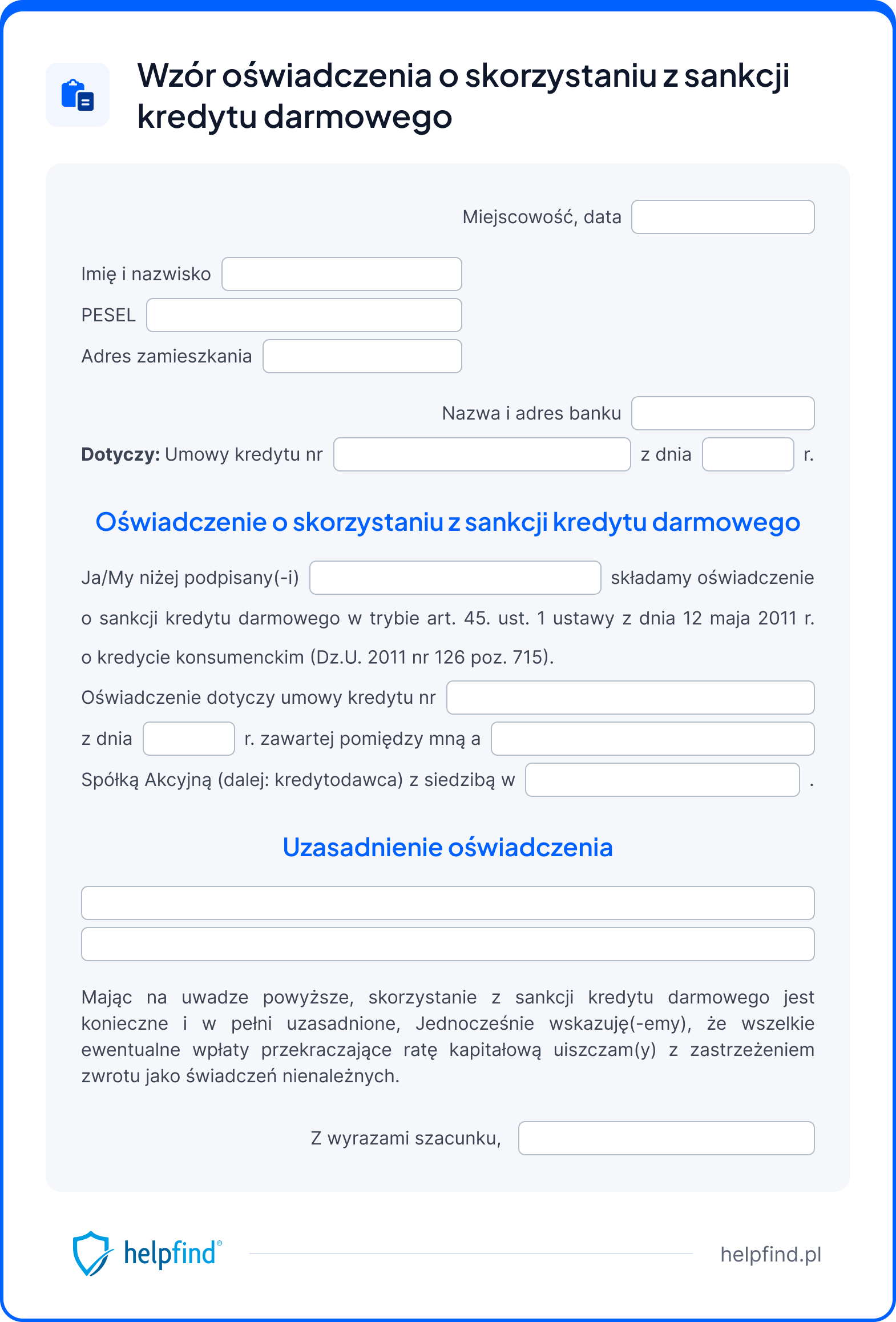 sankcja kredytu darmowego wzór oświadczenia plik PDF